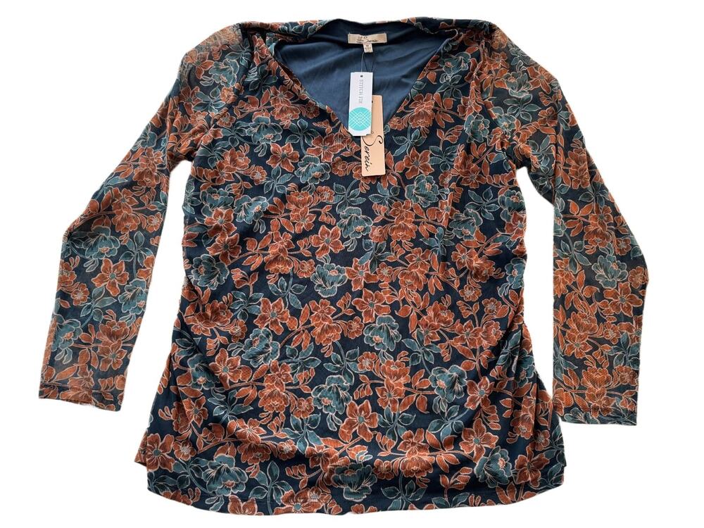 Les Serein Womens 1X Side Ruched Mesh Knit Top Teal Green Floral V-Neck Stitch F